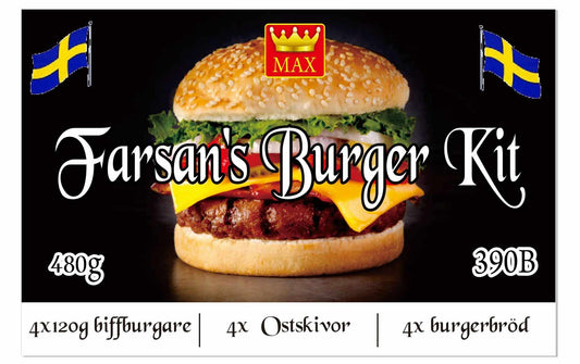Farsan's Biffburger Kit 4 biffburgare (ej tillagade), 4 burgerbröd, 4 ostskivor Fryst 480 gr